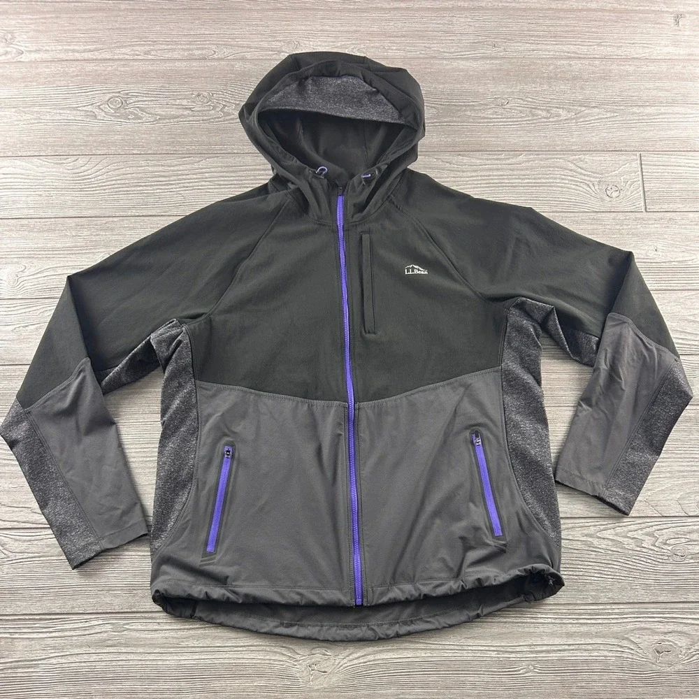 LL Bean Mens Cordura Full Zip Hooded Jacket Gray Purple 501120 Size L Regular